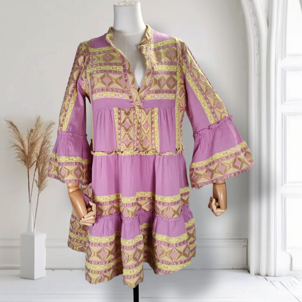 Lace the Label Tiered Embroidered Mini Dress Size M Pink Bell Sleeve Boho Geo